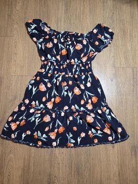 205 Collins Navy Floral Off-Shoulder Smocked Dress